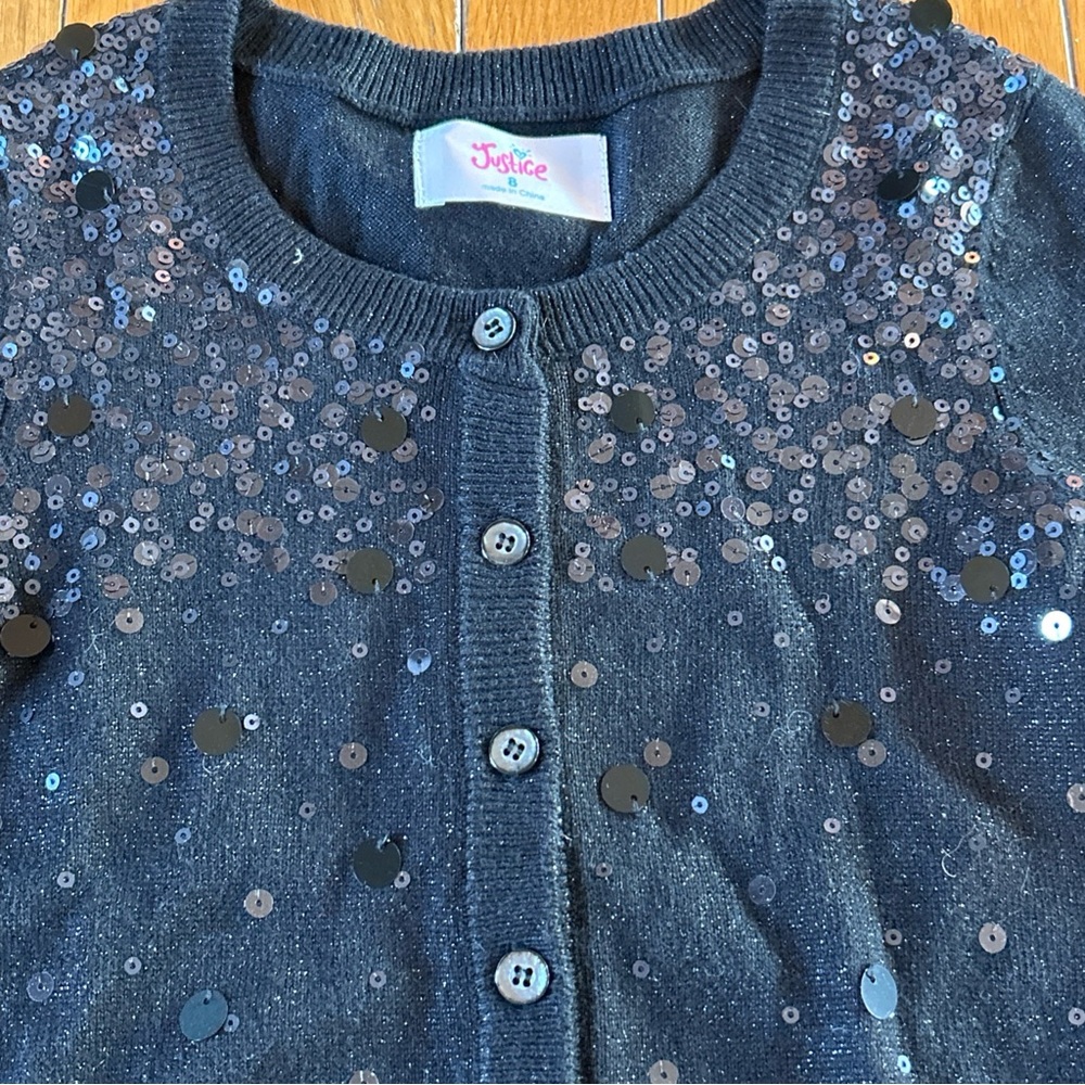 Justice Button Down Front Cardigan Sweaters Girls Size 8 Black Sequin & Ivory - Picture 6 of 8